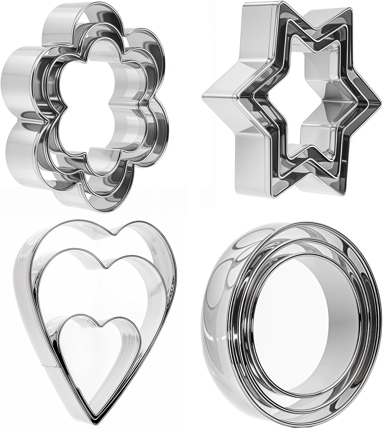 12 PCS Cookie Cutters Variety Pack - Heart, Star, Round, Flower - Stainless Steel Metal Flower Cookies Molds Round Cookies Cutter Small Star Cutters Flower for Baking