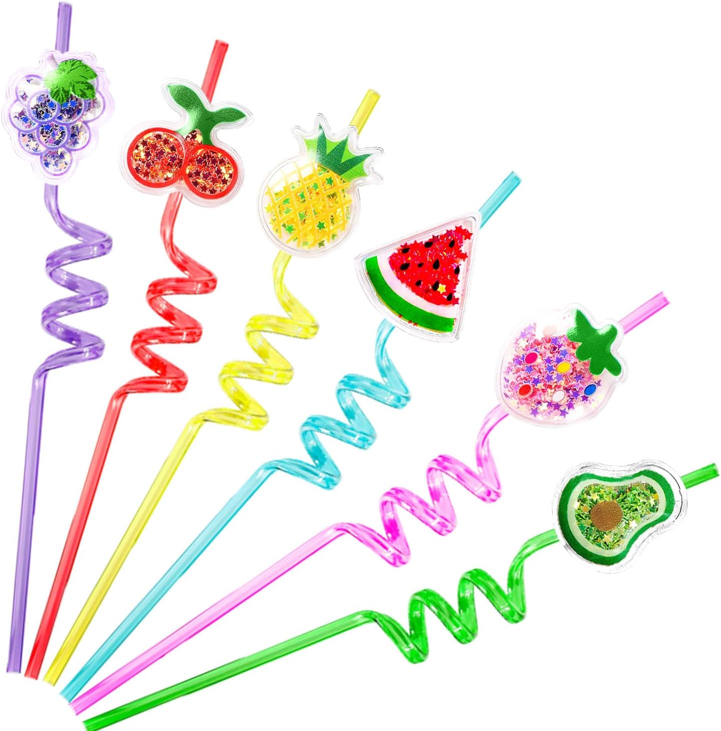 4 Glitter Fruit Straws For Kids Party, Favors, Birthday - Peach, Grape, Pineapple, Cherry, Watermelon & Avocado - Reusable Straws Goodie + 2Cleaning Brushes