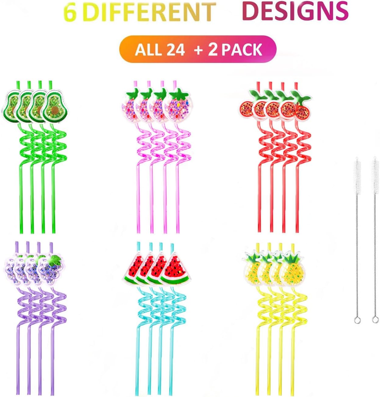2Pcs Glitter Fruit Straws For Kids Party & Birthday