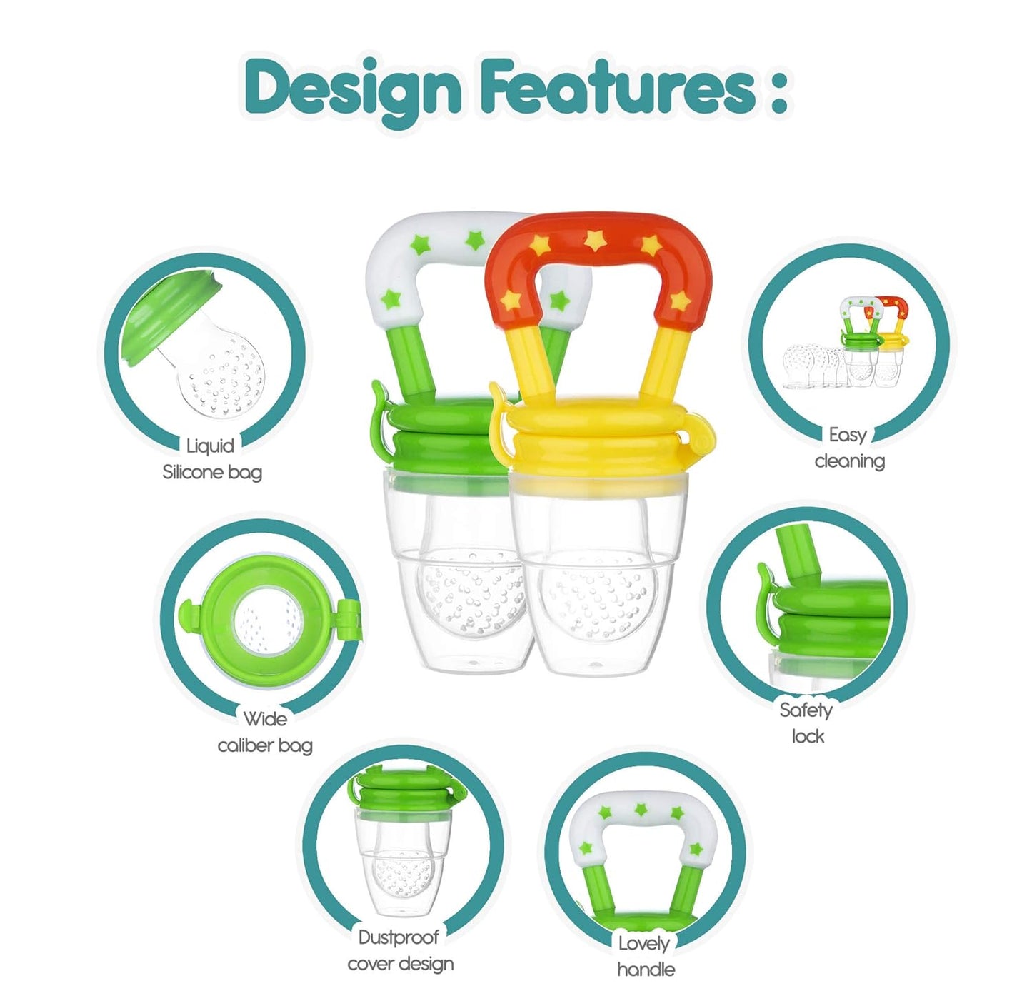 Baby Fruit Feeder Pacifier, Fresh Food Feeding Teether for Toddler, Soothing Gum Relief, Includes All The Sizes of The Silicone Nipple Pouches