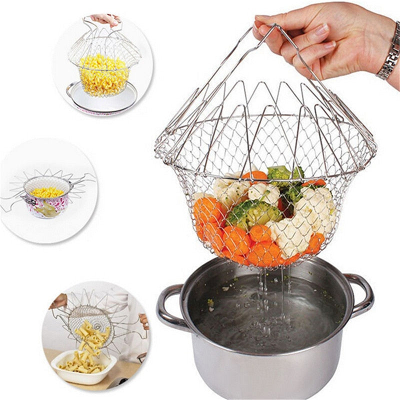 Chef Basket 12 In 1 Kitchen Tool Steam Rinse Deep Fry Fold Flat Easy To Store