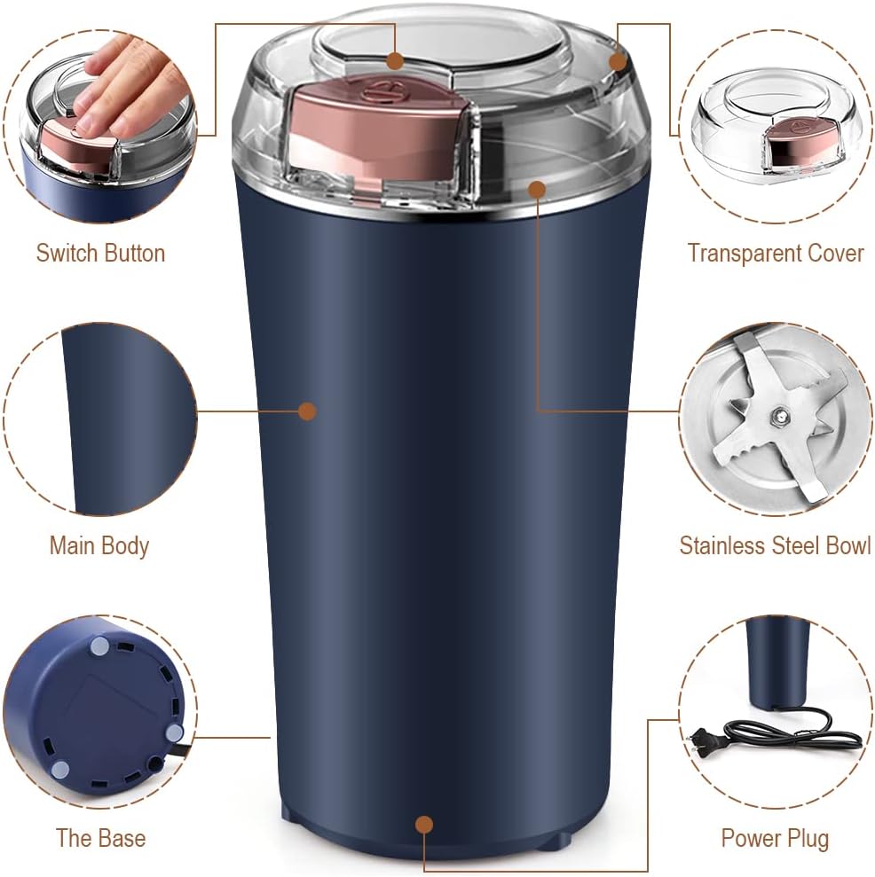 Coffee Grinder Electric, Spice Grinder, Coffee Bean Herb Grinder with Integrated Brush Spoon, One-touch Push-Button Stainless Steel Grinding for Herb Peanut Grains Beans(Blue)