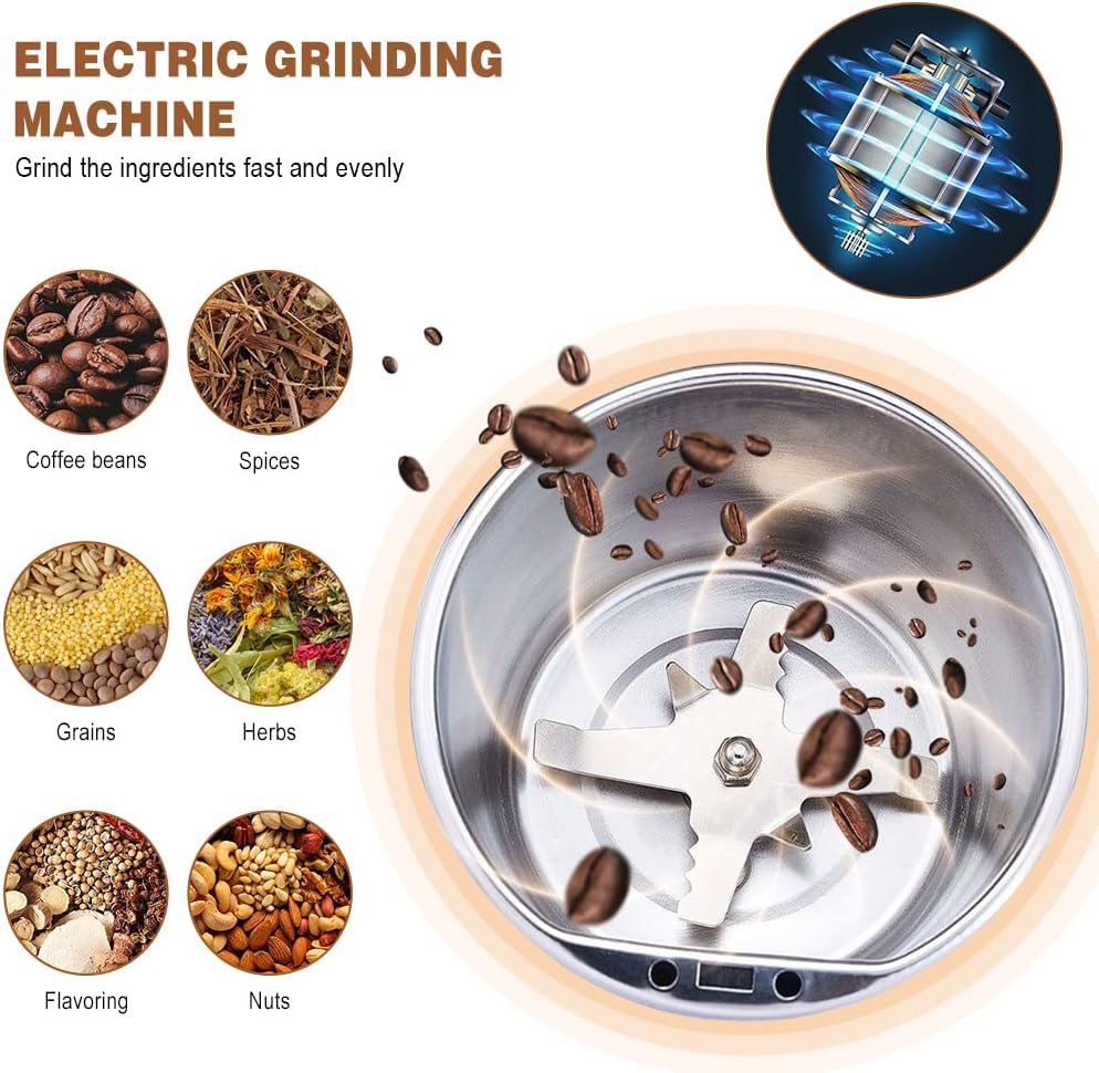Coffee Grinder Electric, Spice Grinder, Coffee Bean Herb Grinder with Integrated Brush Spoon, One-touch Push-Button Stainless Steel Grinding for Herb Peanut Grains Beans(Blue)