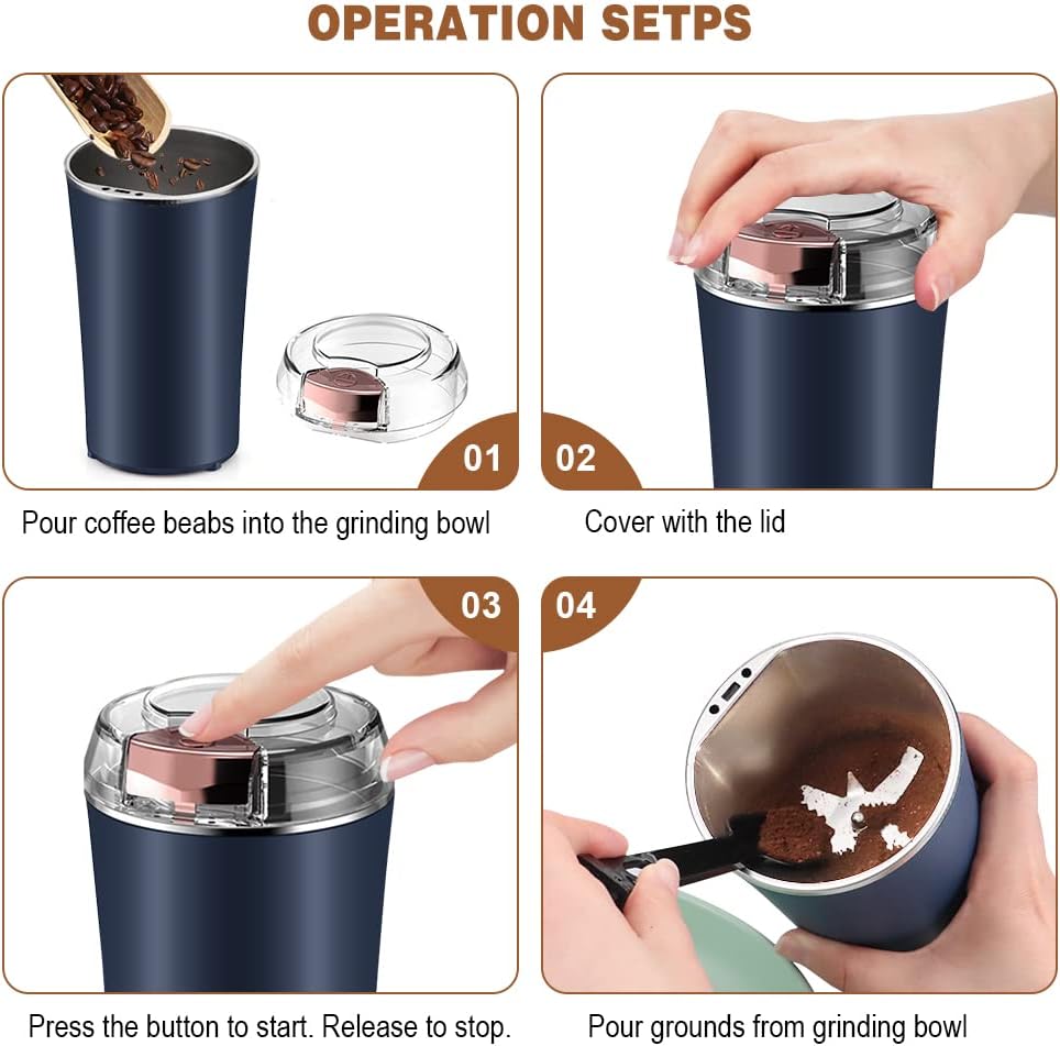 Coffee Grinder Electric, Spice Grinder, Coffee Bean Herb Grinder with Integrated Brush Spoon, One-touch Push-Button Stainless Steel Grinding for Herb Peanut Grains Beans(Blue)