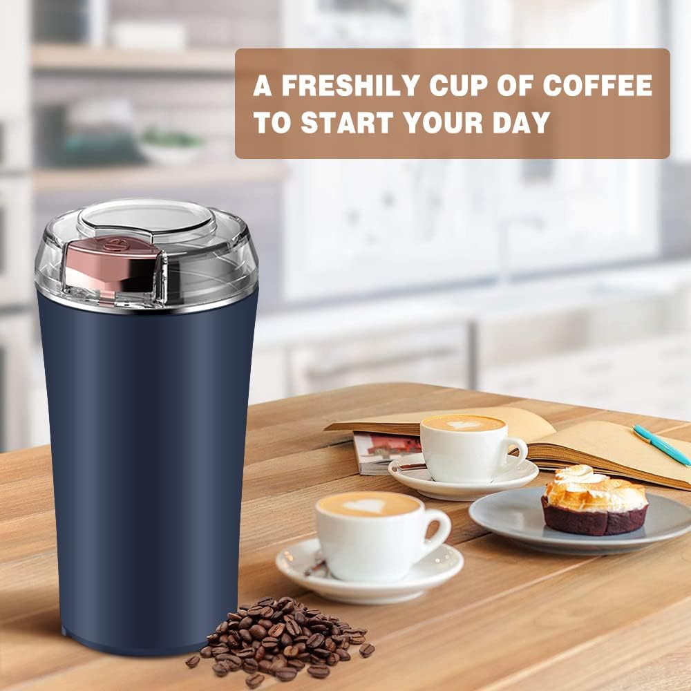 Coffee Grinder Electric, Spice Grinder, Coffee Bean Herb Grinder with Integrated Brush Spoon, One-touch Push-Button Stainless Steel Grinding for Herb Peanut Grains Beans(Blue)