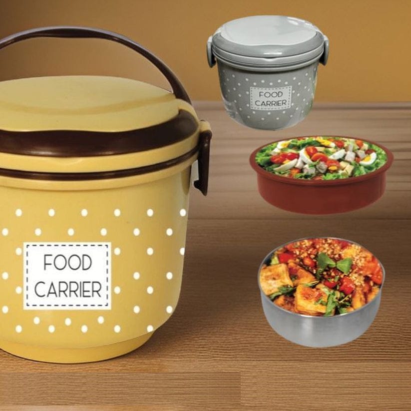 Dotted Food Carrier Lunch Box, 2 In 1 Under Mini Steel Box, Round Thermal Lunch Box
