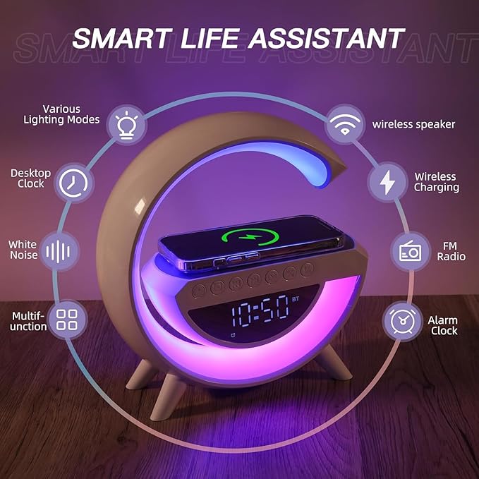 G Shaped Lamp - LED Wireless Charging Speaker - Smart Table Night Light - Phone Wireless Charging RGB Desk Lamp - Speaker with Wireless Charger, Bluetooth, USB Speaker for PC & Mobile