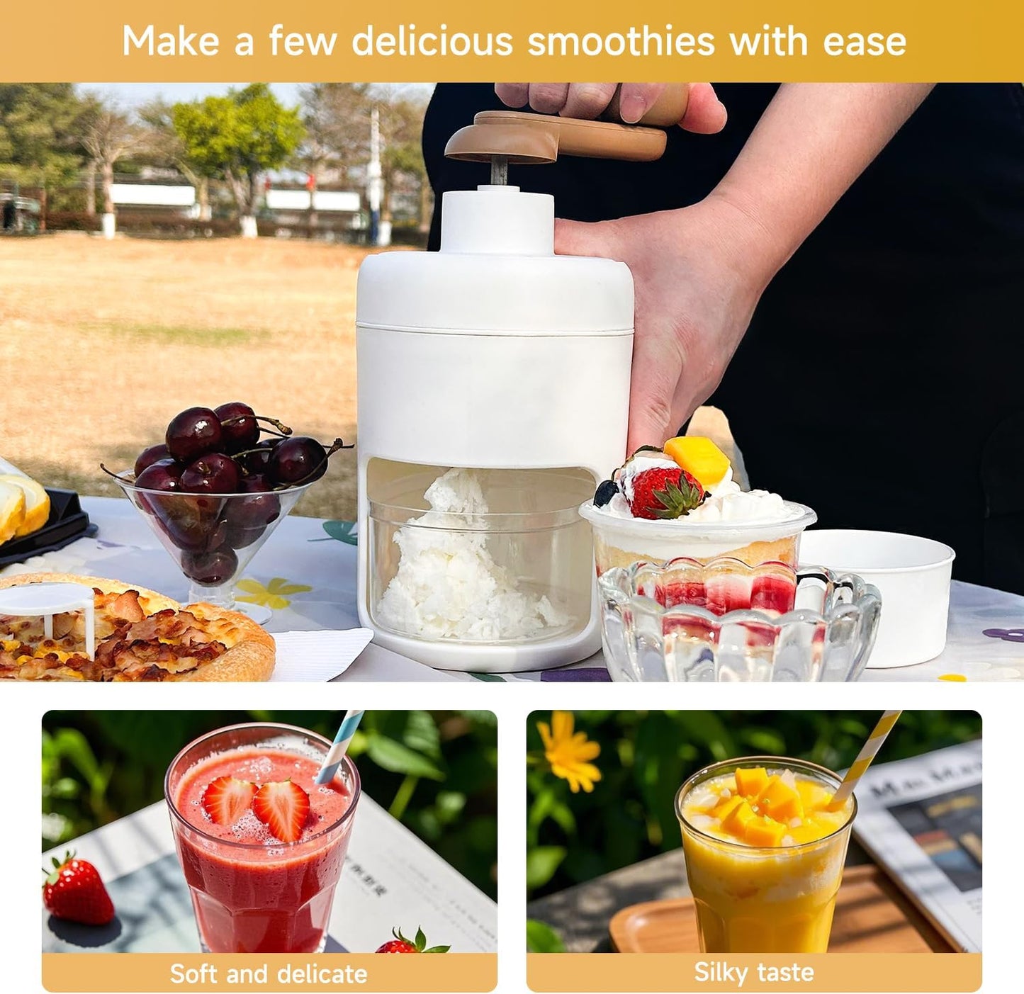 Manual Ice Crusher Machine with 3 Ice Trays, Ideal for Smoothies, Shaved Ice, and Frozen Cocktails – Portable Handheld Snow Cone Maker