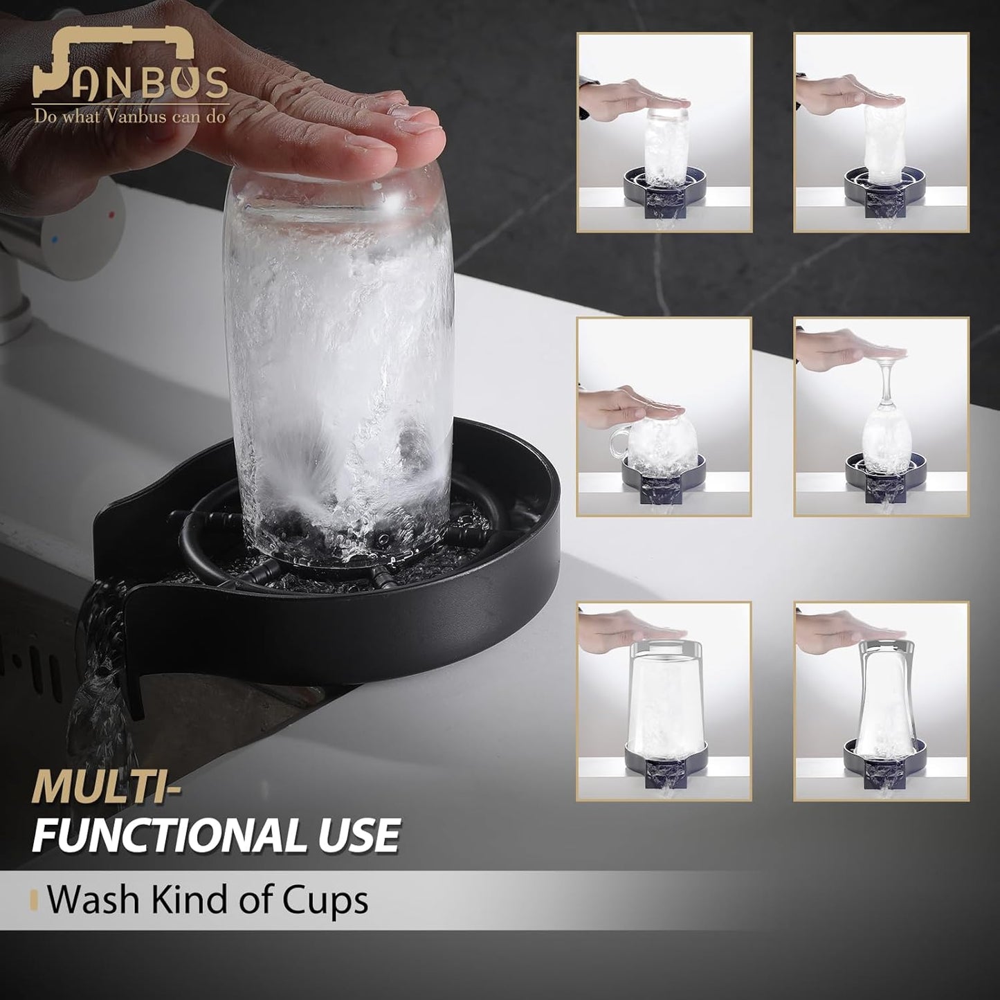 Matte Black Glass Rinser for Kitchen Sinks - Cup Rinser Sink - Quick Rinser for Baby Bottle - Kitchen Sink Automatic Flushing Device