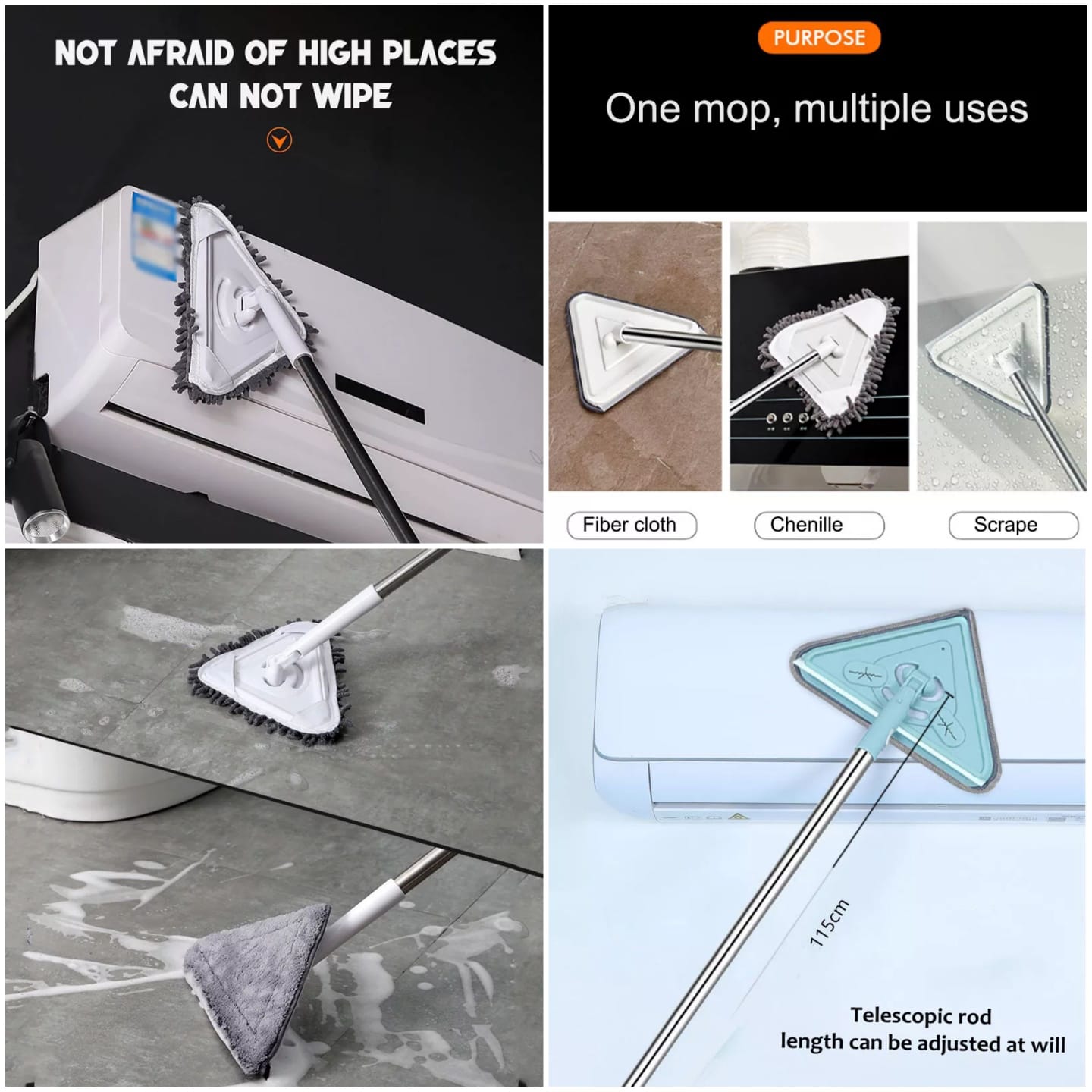 Microfiber Telescopic Triangle Mop, 180 Degree Rotatable Adjustable, Extendable Triangle Cleaning Mop Multifunction Triangular Mop Duster for Home Bathroom Floor Wall