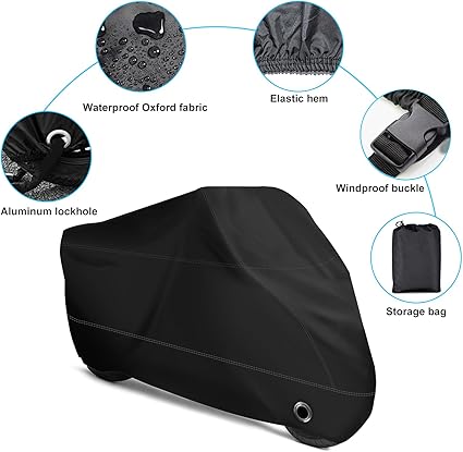 Motorcycle Cover -Waterproof Outdoor Bike Cover, Made of Heavy Duty Material, Fits up to All Motors (Black& Lockholes & Professional Windproof Strap)