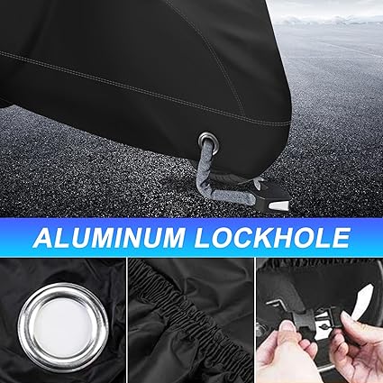 Motorcycle Cover -Waterproof Outdoor Bike Cover, Made of Heavy Duty Material, Fits up to All Motors (Black& Lockholes & Professional Windproof Strap)