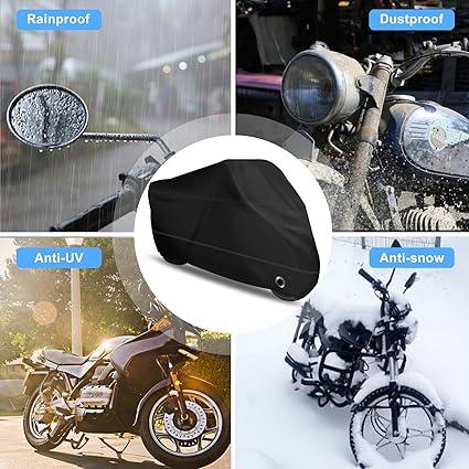 Motorcycle Cover -Waterproof Outdoor Bike Cover, Made of Heavy Duty Material, Fits up to All Motors (Black& Lockholes & Professional Windproof Strap)