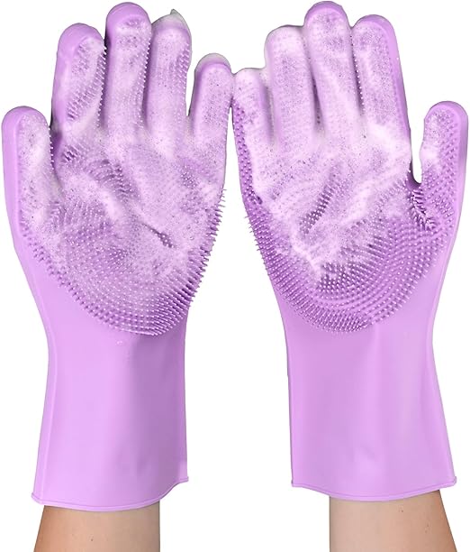 Silicone Dishwashing Gloves, Kitchen Gloves for Washing Dishes Reusable Waterproof Dishwashing with Cleaning Brush