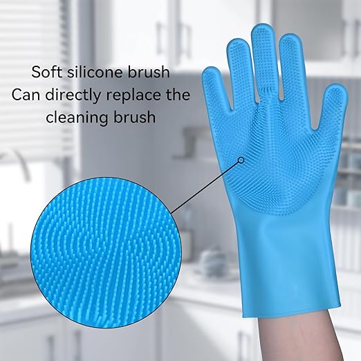 Silicone Dishwashing Gloves, Kitchen Gloves for Washing Dishes Reusable Waterproof Dishwashing with Cleaning Brush