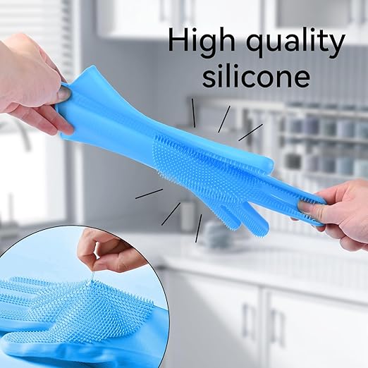 Silicone Dishwashing Gloves, Kitchen Gloves for Washing Dishes Reusable Waterproof Dishwashing with Cleaning Brush