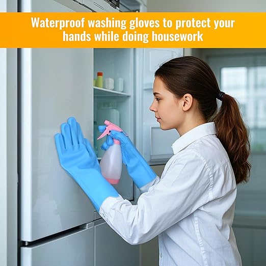 Silicone Dishwashing Gloves, Kitchen Gloves for Washing Dishes Reusable Waterproof Dishwashing with Cleaning Brush