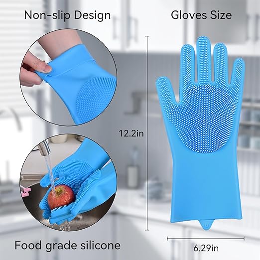 Silicone Dishwashing Gloves, Kitchen Gloves for Washing Dishes Reusable Waterproof Dishwashing with Cleaning Brush