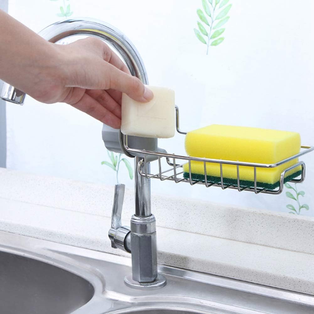Stainless Steel Faucet Storage Rack Sponge Holder (Silver)