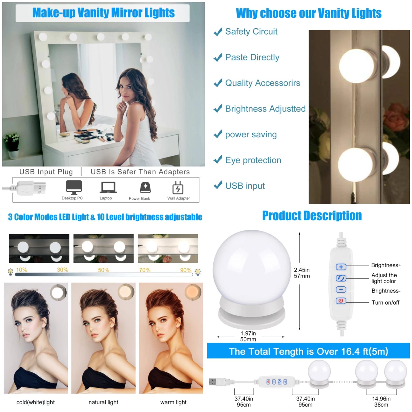 Vanity Light LED Bulbs for Makeup - Mirror Stand 10 Bulbs with 3 Light Modes
