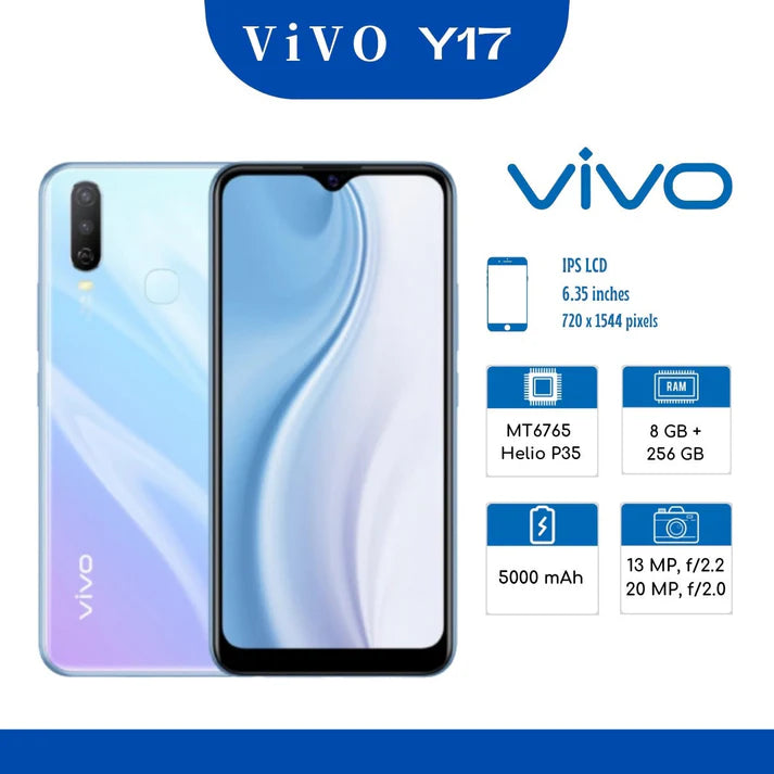 Vivo Y17 with Box Dual Engine Fast Turbo Charger Jelly Cover - 8GB RAM - 256GB Storage - 5000 mah battery - Dual sim Approved - Vivo Mobile - Budget Phone