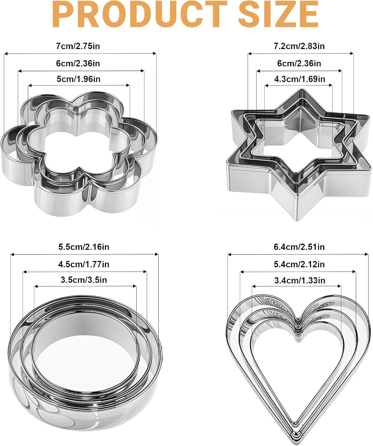 12 PCS Cookie Cutters Variety Pack - Heart, Star, Round, Flower - Stainless Steel Metal Flower Cookies Molds Round Cookies Cutter Small Star Cutters Flower for Baking