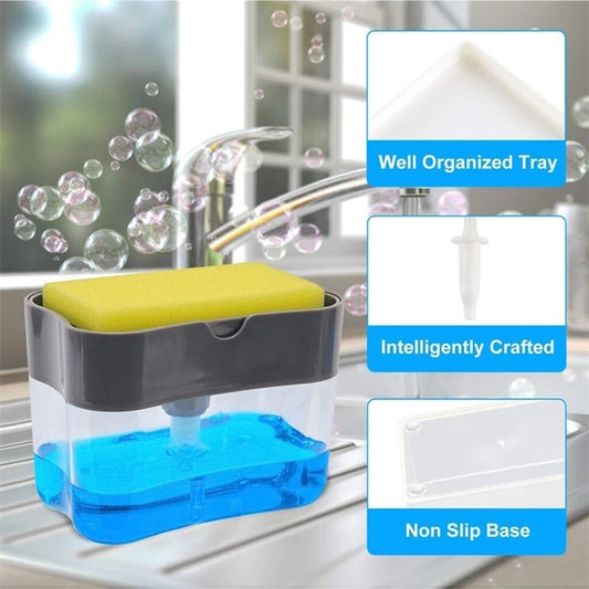 2-in-1 Soap Dispenser - Push-Out Liquid Dispenser -Kitchen Dishwashing Brush & Scouring Pad Detergent - Automatic Dispenser Soap Sponge Caddy