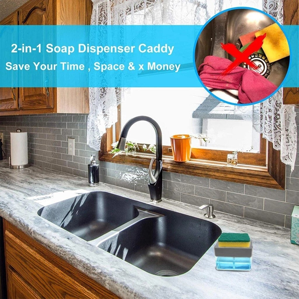 2-in-1 Soap Dispenser - Push-Out Liquid Dispenser -Kitchen Dishwashing Brush & Scouring Pad Detergent - Automatic Dispenser Soap Sponge Caddy