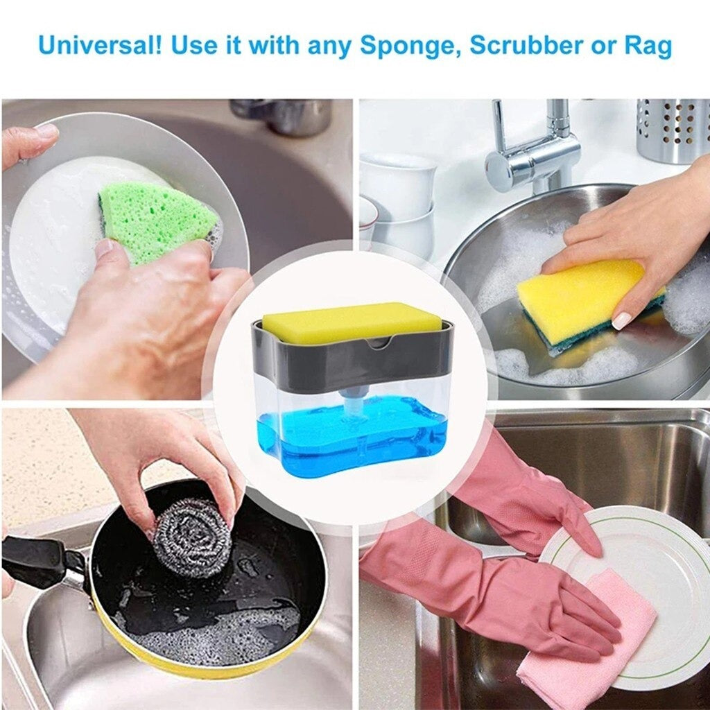 2-in-1 Soap Dispenser - Push-Out Liquid Dispenser -Kitchen Dishwashing Brush & Scouring Pad Detergent - Automatic Dispenser Soap Sponge Caddy