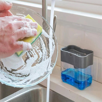 2-in-1 Soap Dispenser - Push-Out Liquid Dispenser -Kitchen Dishwashing Brush & Scouring Pad Detergent - Automatic Dispenser Soap Sponge Caddy