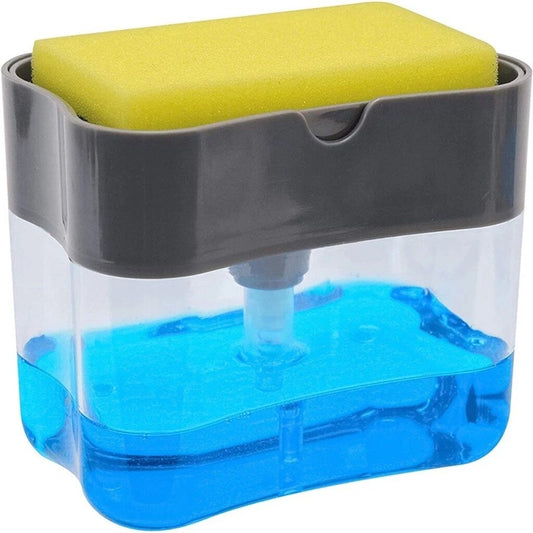 2-in-1 Soap Dispenser - Push-Out Liquid Dispenser -Kitchen Dishwashing Brush & Scouring Pad Detergent - Automatic Dispenser Soap Sponge Caddy