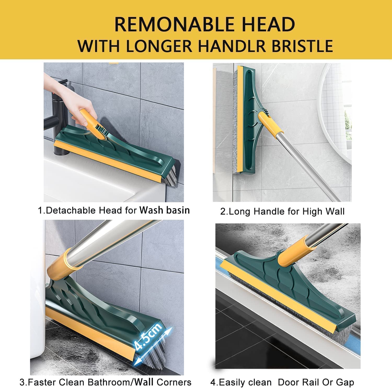 3 in 1 Cleaning Brush with Wiper| Double Sided Scrubber Brush with Long Handle Viper Brush 2-In-1