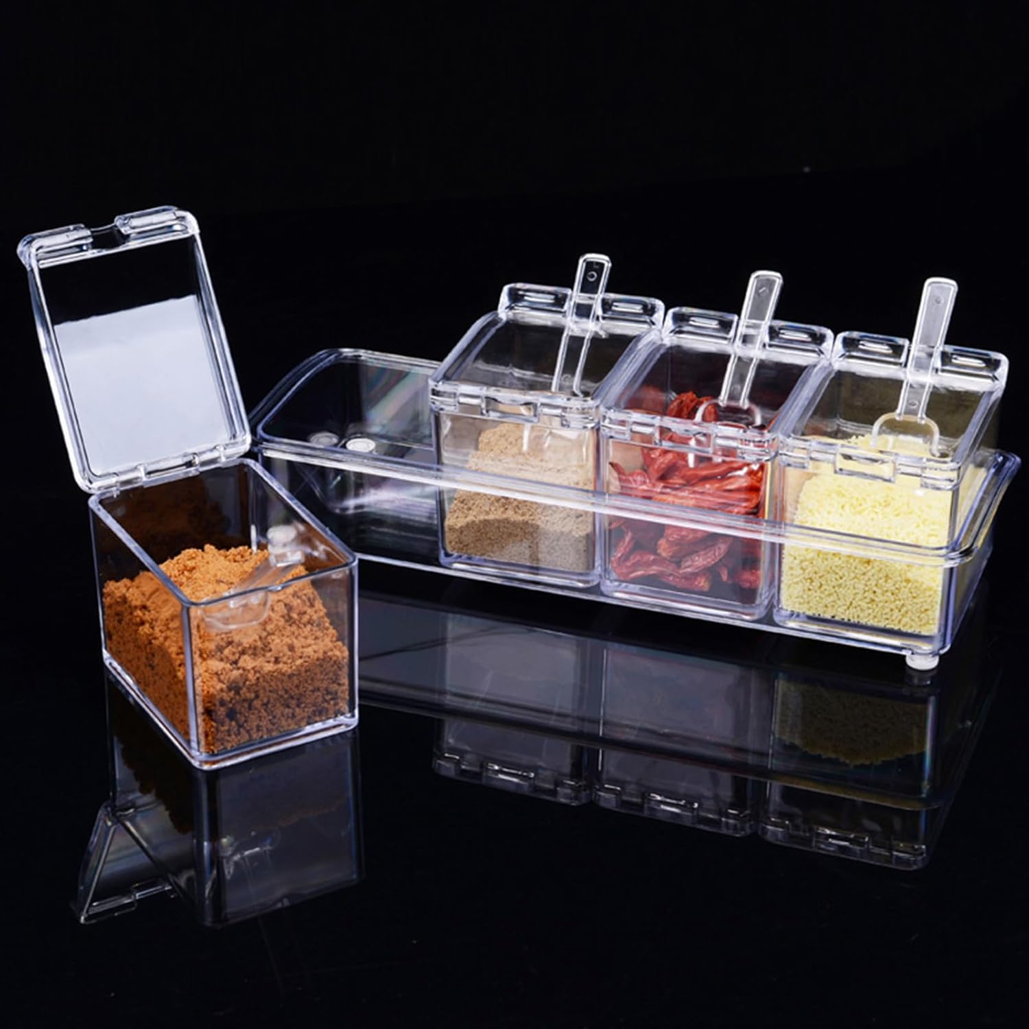 4-Cell Clear Seasoning Rack Spice Box Storage Container
