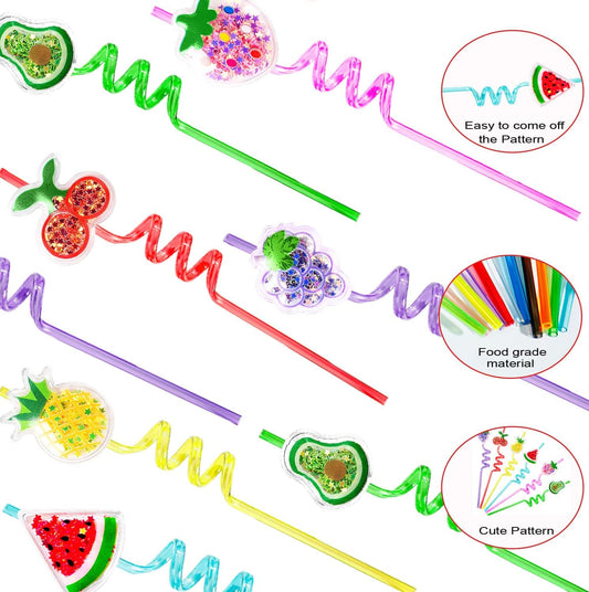 4 Glitter Fruit Straws For Kids Party & Birthday + 2Cleaning Brushes