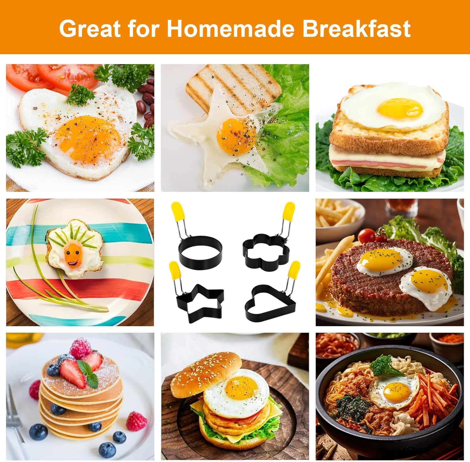 4 PCS Egg Ring,Stainless Steel Non-stick Egg Rings for Frying Eggs, Round Egg Cooker Ring Molds with Anti-scald Silicone Handle, Egg Mold for Breakfast
