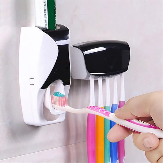 5 Slots Wall Mount Toothbrush Holder with Cover, Self Adhesive Toothbrush Storage Organizer for Shower, Toothbrush Hanger with Automatic Toothpaste Squeezer Dispenser