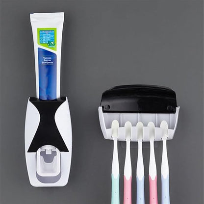 5 Slots Wall Mount Toothbrush Holder with Cover, Self Adhesive Toothbrush Storage Organizer for Shower, Toothbrush Hanger with Automatic Toothpaste Squeezer Dispenser