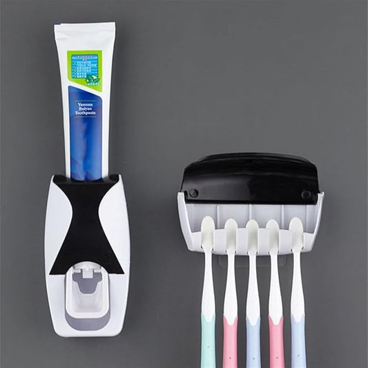 5 Slots Wall Mount Toothbrush Holder with Cover, Self Adhesive Toothbrush Storage Organizer for Shower, Toothbrush Hanger with Automatic Toothpaste Squeezer Dispenser