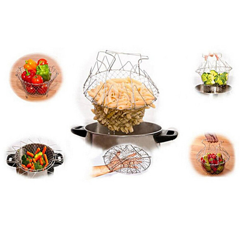 Chef Basket 12 In 1 Kitchen Tool Steam Rinse Deep Fry Fold Flat Easy To Store