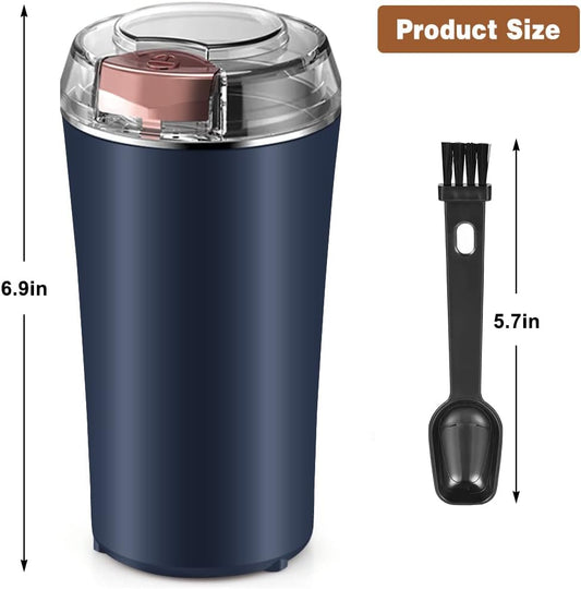 Coffee Grinder Electric, Spice Grinder, Coffee Bean Herb Grinder with Integrated Brush Spoon, One-touch Push-Button Stainless Steel Grinding for Herb Peanut Grains Beans(Blue)