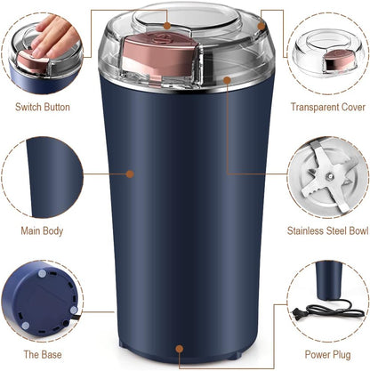 Coffee Grinder Electric, Spice Grinder, Coffee Bean Herb Grinder with Integrated Brush Spoon, One-touch Push-Button Stainless Steel Grinding for Herb Peanut Grains Beans(Blue)