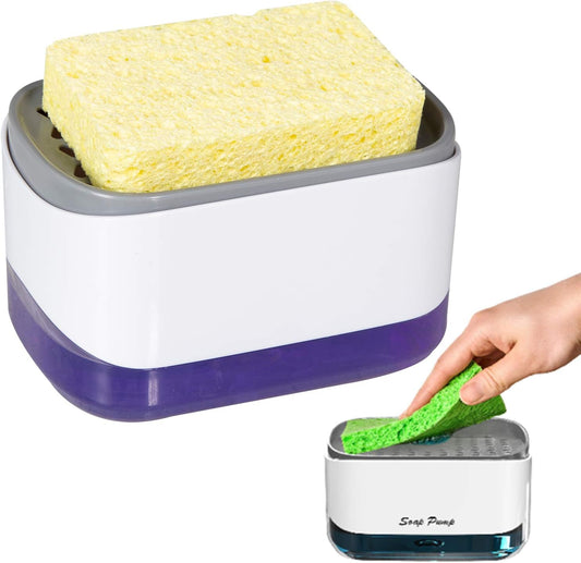Dish Soap Dispenser for Kitchen and Sponge Holder, Countertop 2-in-1 One Hand Soap Pump Dispenser（White/Dish Sponge）