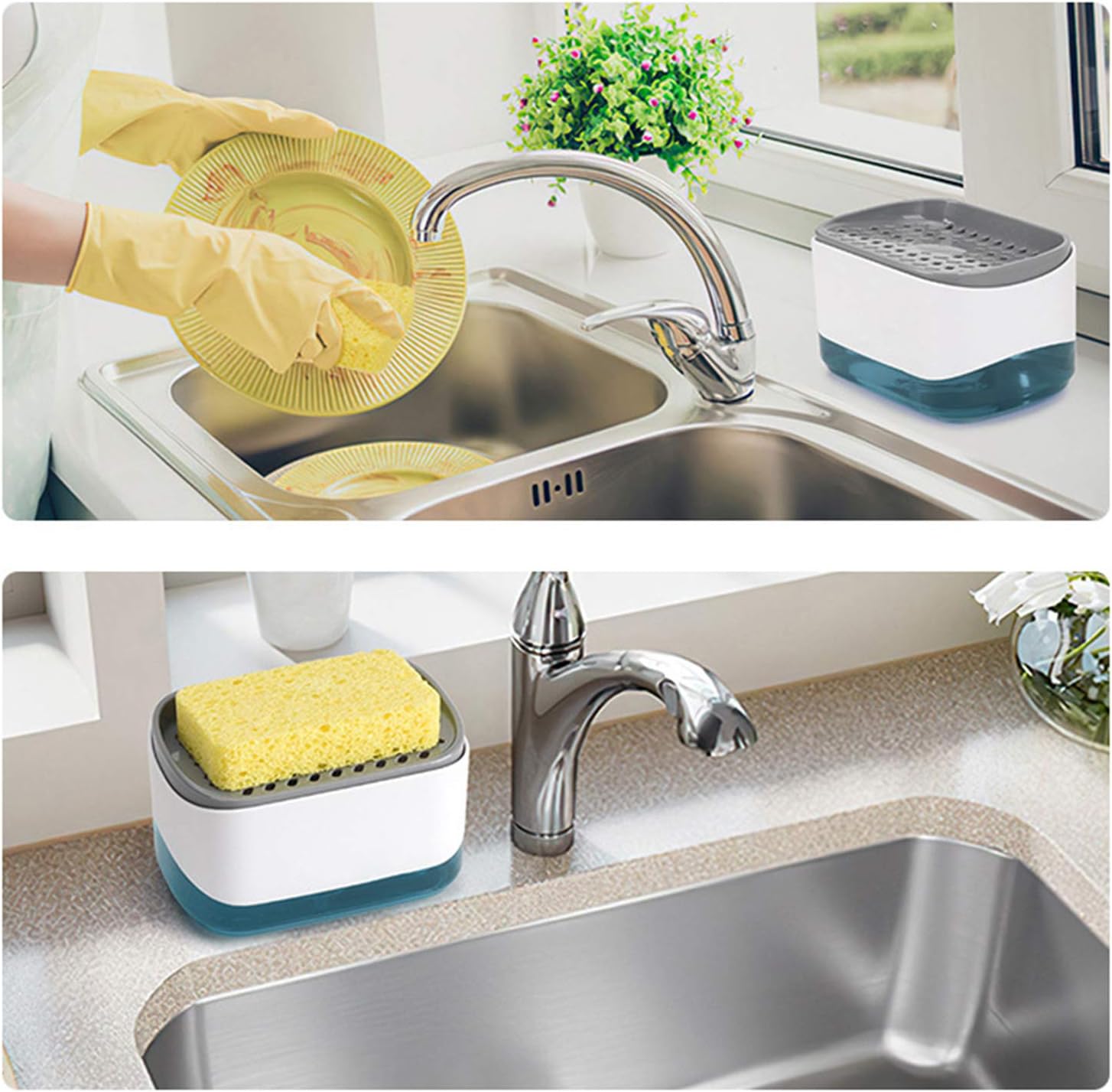 Dish Soap Dispenser for Kitchen and Sponge Holder, Countertop 2-in-1 One Hand Soap Pump Dispenser（White/Dish Sponge）