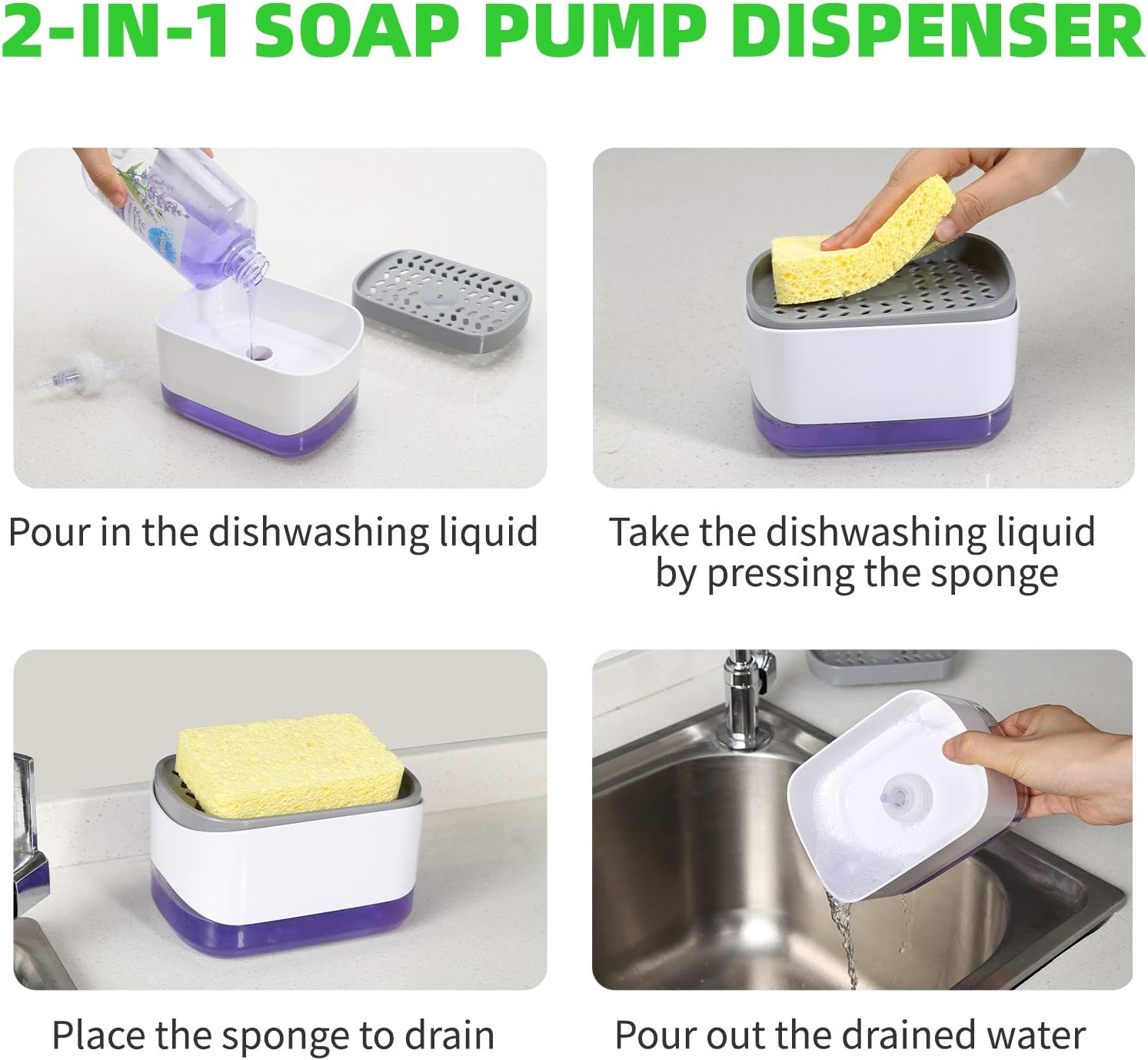 Dish Soap Dispenser for Kitchen and Sponge Holder, Countertop 2-in-1 One Hand Soap Pump Dispenser（White/Dish Sponge）