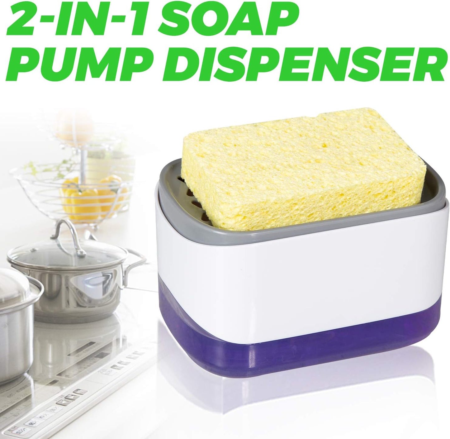 Dish Soap Dispenser for Kitchen and Sponge Holder, Countertop 2-in-1 One Hand Soap Pump Dispenser（White/Dish Sponge）