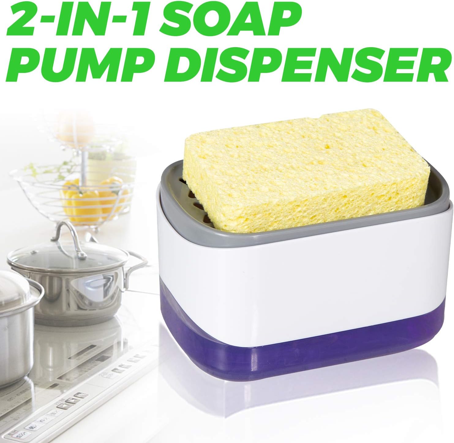 Dish Soap Dispenser for Kitchen and Sponge Holder, Countertop 2-in-1 One Hand Soap Pump Dispenser（White/Dish Sponge）