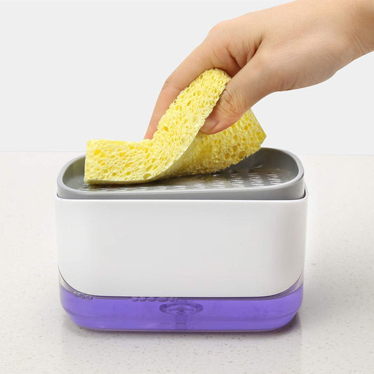 Dish Soap Dispenser for Kitchen and Sponge Holder, Countertop 2-in-1 One Hand Soap Pump Dispenser（White/Dish Sponge）