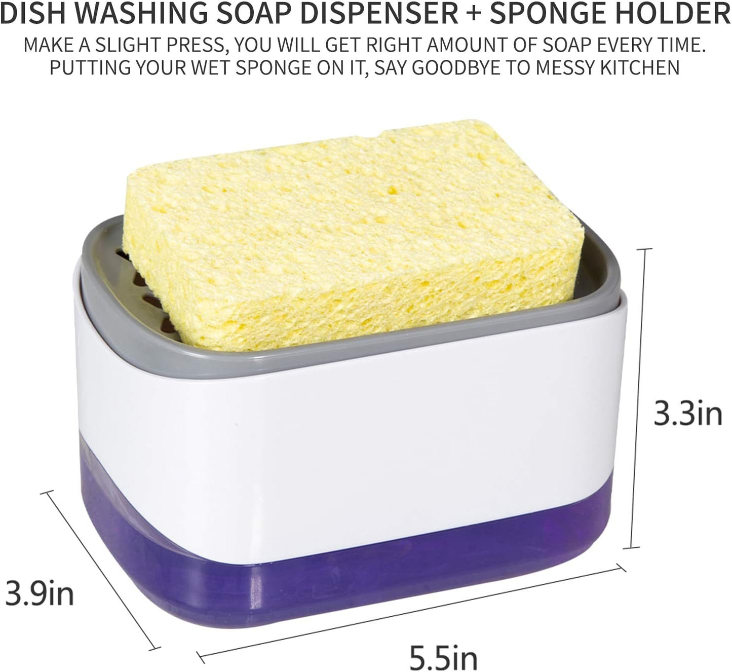 Dish Soap Dispenser for Kitchen and Sponge Holder, Countertop 2-in-1 One Hand Soap Pump Dispenser（White/Dish Sponge）