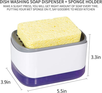 Dish Soap Dispenser for Kitchen and Sponge Holder, Countertop 2-in-1 One Hand Soap Pump Dispenser（White/Dish Sponge）