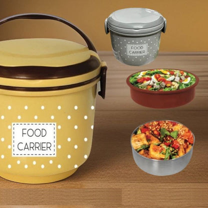 Dotted Food Carrier Lunch Box, 2 In 1 Under Mini Steel Box, Round Thermal Lunch Box